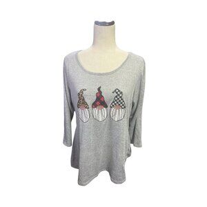 Women's Clover + Pine Gnome Long Sleeve  Top Size XL Fall Gray Whimsical Bling
